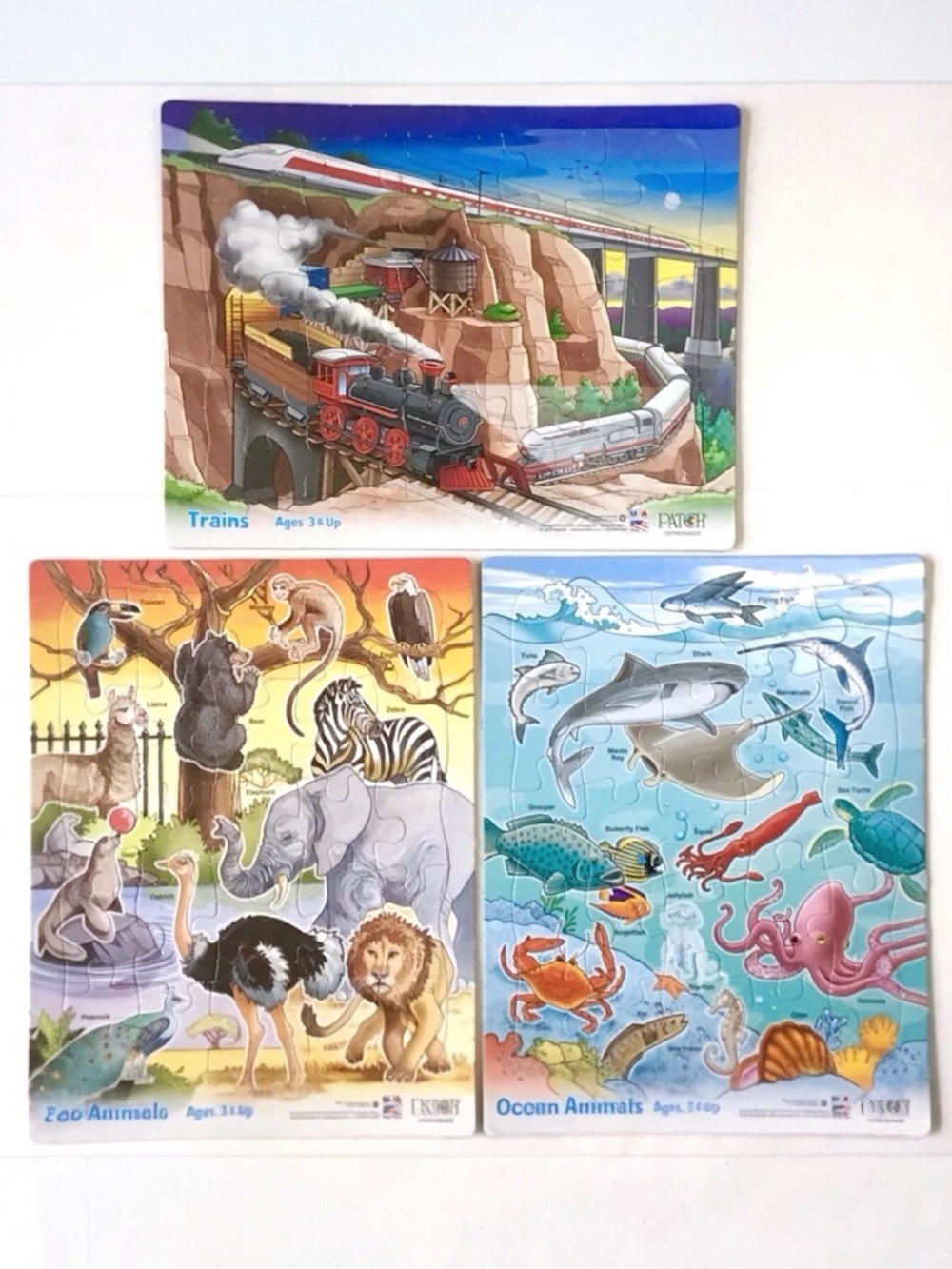 Patch Kids Puzzles 25 Pieces Lot of 3 Trains, Zoo & Ocean Animals Frame Tray